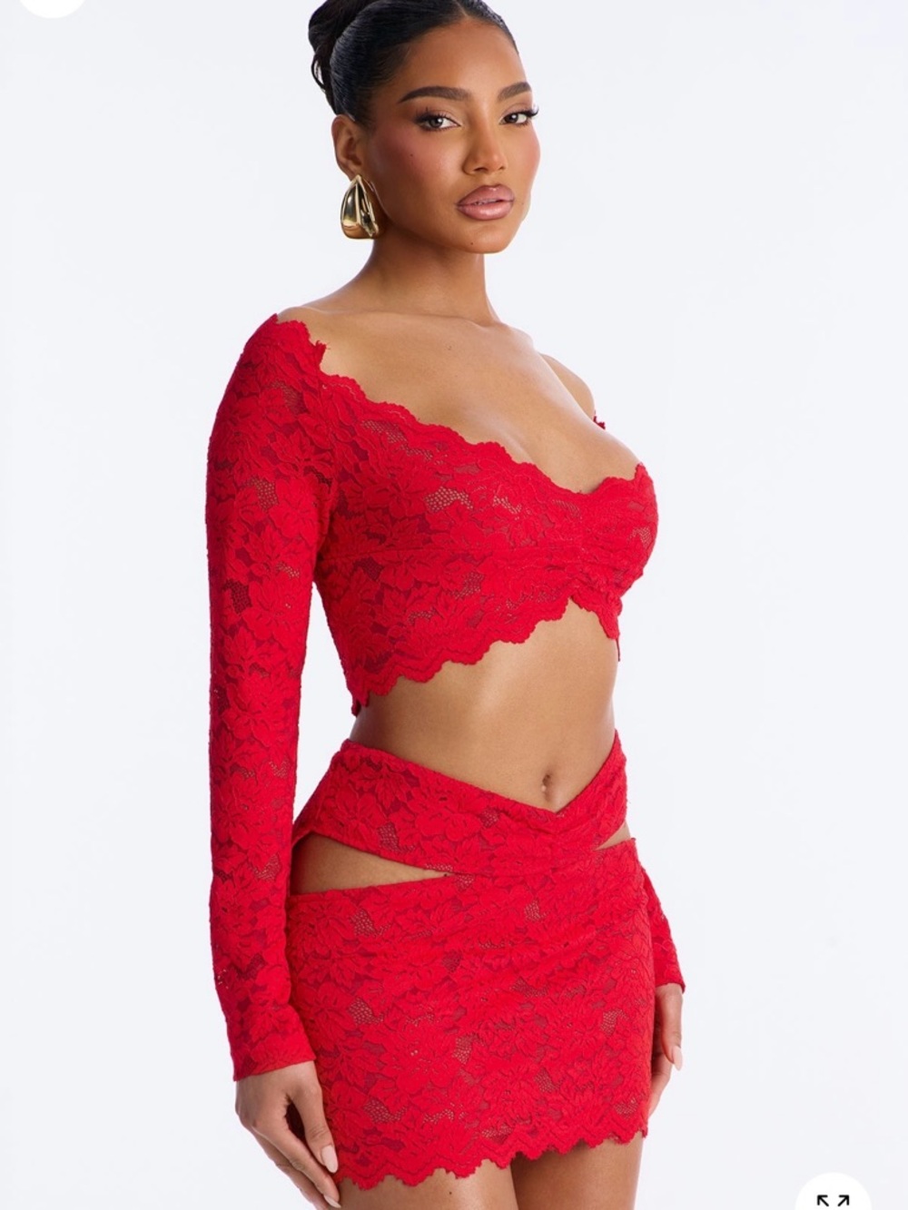 Fashion Nova Red Lace One-Shoulder Crop Top & Cutout Mini Skirt Set
